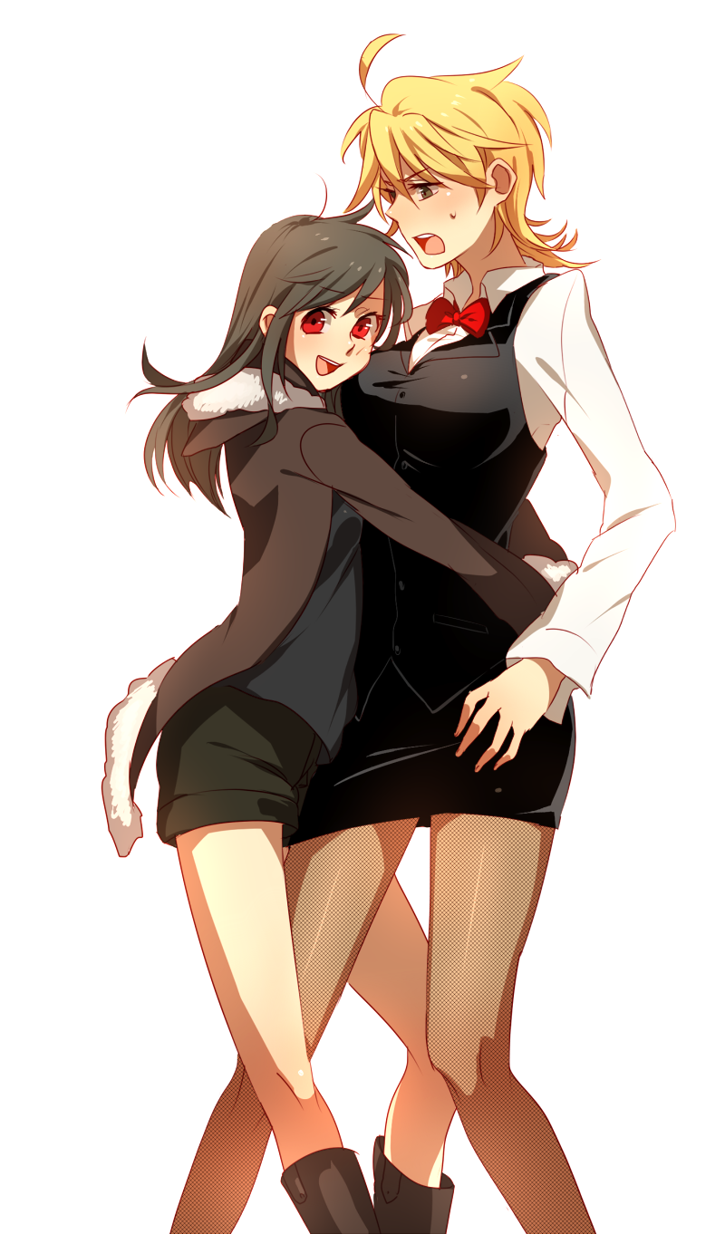 2girls, ahoge, bad_id, bad_pixiv_id, black_hair, blonde_hair, boots, bow