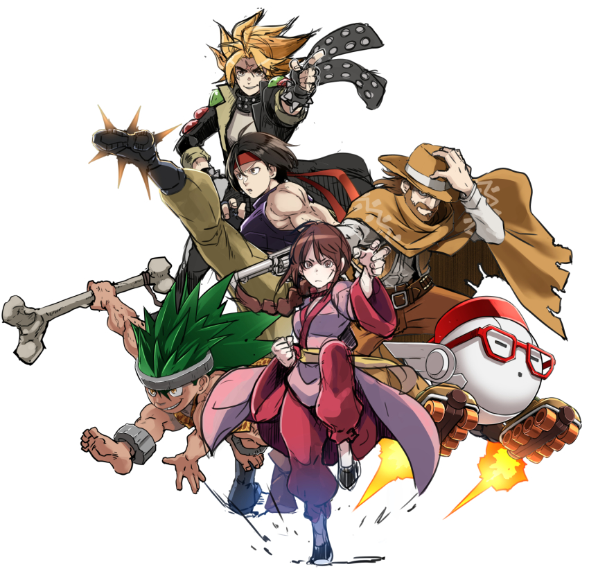 1girl, 4boys, beard, black_hair, blonde_hair, bone, brown_hair, butcha-u