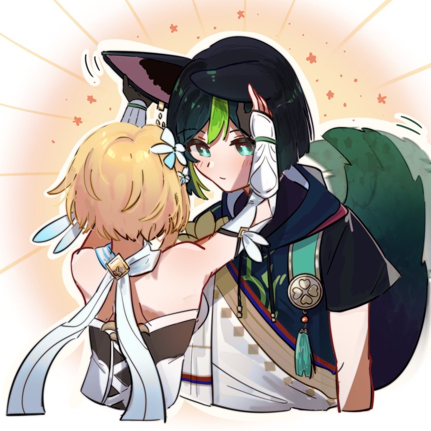 1boy, 1girl, animal_ears, back, blonde_hair, eyebrows_hidden_by_hair, flower, fox_boy, fox_ears, fox_tail, genshin_impact, green_eyes, green_hair, hair_between_eyes, hair_flower, hair_ornament, hand_on_another's_ear, highres, looking_at_another, lumine_(genshin_impact), michu_chchu, ribbon, shirt, short_hair, tail, tighnari_(genshin_impact), touching_ears