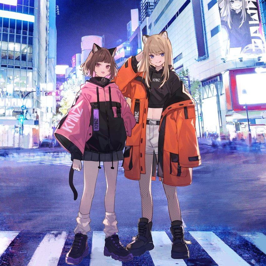 2girls, :q, animal_ears, backlighting, belt, black_footwear, black_hoodie, blonde_hair, blue_eyes, brown_hair, building, cat_ears, cat_tail, city_lights, cityscape, colored_inner_hair, crop_top, crosswalk, drawstring, fishnet_legwear, fishnets, highres, hood, hood_down, hoodie, jacket, kmnz, long_hair, long_sleeves, looking_at_viewer, loose_socks, lita_(kmnz), liz_(kmnz), midriff, miniskirt, multicolored_hair, multiple_girls, navel, night, off_shoulder, open_clothes, open_jacket, orange_jacket, outdoors, pink_eyes, pink_jacket, pleated_skirt, shibuya_(156702), shoes, short_hair, shorts, shugao, skirt, smile, socks, streetwear, tail, tongue, tongue_out, virtual_youtuber, white_shorts, white_socks, wide_sleeves