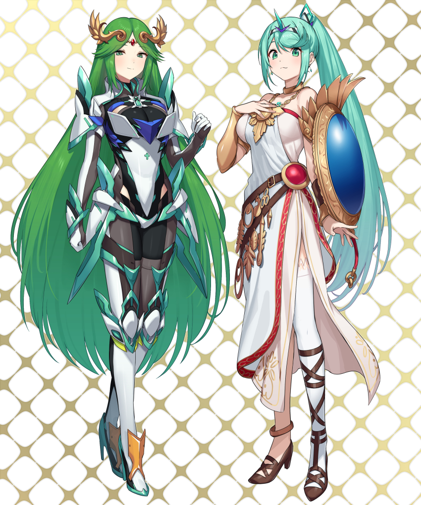 2girls, absurdres, armlet, armor, asymmetrical_footwear, bare_shoulders, belt, blush, breasts, chest_jewel, cleavage, cosplay, costume_switch, dress, earrings, female_focus, forehead_jewel, gem, gloves, green322, green_eyes, green_hair, hair_ornament, headpiece, high_heels, highres, jewelry, kid_icarus, kid_icarus_uprising, large_breasts, laurel_crown, long_hair, looking_at_viewer, matching_hair/eyes, mismatched_footwear, multiple_belts, multiple_girls, necklace, nintendo, palutena, palutena_(cosplay), pendant, pneuma_(xenoblade), pneuma_(xenoblade)_(cosplay), ponytail, sandals, side_slit, simple_background, single_thighhigh, smile, strapless, strapless_dress, swept_bangs, thighhighs, tiara, trait_connection, vambraces, very_long_hair, xenoblade_chronicles_(series), xenoblade_chronicles_2