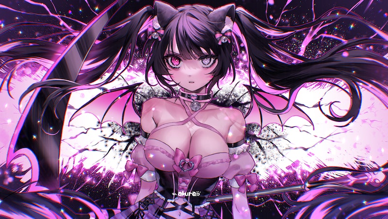 1girl, akuradere, animal_ears, bell, black_hair, breasts, cat_ears, cat_girl