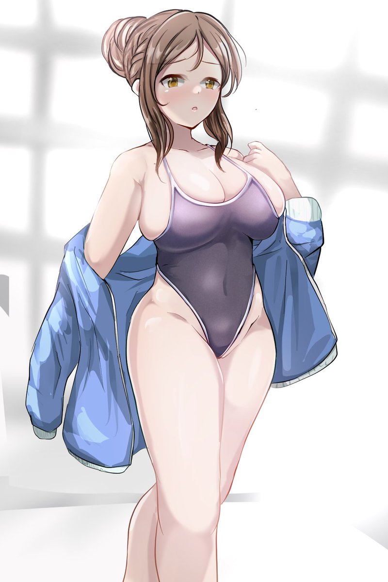 1girl, :o, ayase_honoka, blue_jacket, blue_one-piece_swimsuit, blurry, blurry_background, blush, breasts, brown_eyes, brown_hair, cleavage, collarbone, covered_navel, feet_out_of_frame, groin, hair_bun, highres, huge_breasts, idolmaster, idolmaster_cinderella_girls, jacket, jacket_partially_removed, kizzmy_lance, large_breasts, one-piece_swimsuit, sideboob, single_hair_bun, skin_tight, skindentation, solo, sunlight, swimsuit