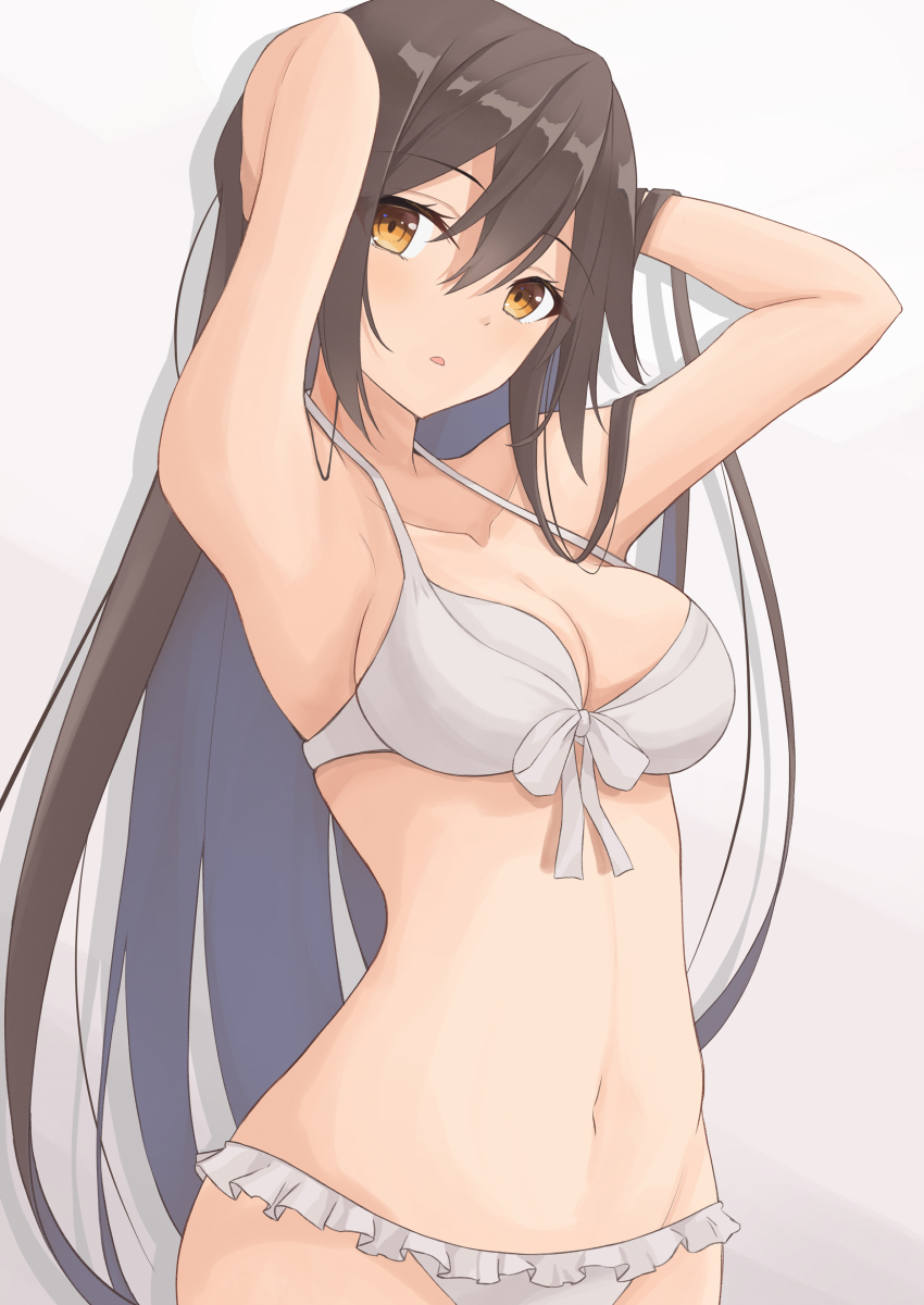 1girl, absurdres, arms_behind_head, bikini, black_hair, breasts, brown_eyes, cleavage