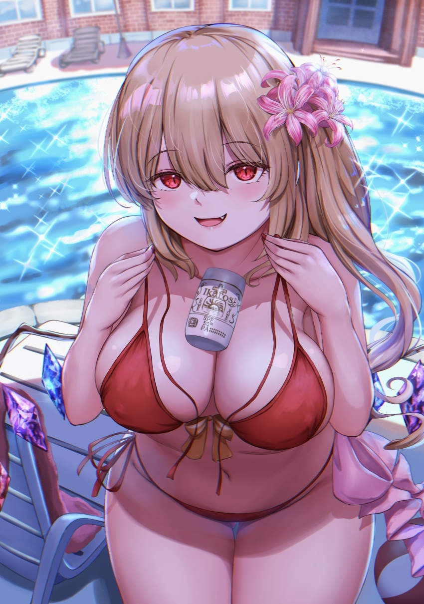 1girl, :d, aged_up, alternate_breast_size_(larger), alternate_costume, beach_chair, beer_can, bikini