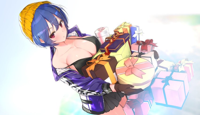 1girl, amane_(senran_kagura), blue_hair, breasts, cleavage, gift, gloves, highres, jacket, large_breasts, leather, leather_jacket, official_art, red_eyes, senran_kagura, senran_kagura_new_link, short_hair, skirt, winter_hat, yaegashi_nan
