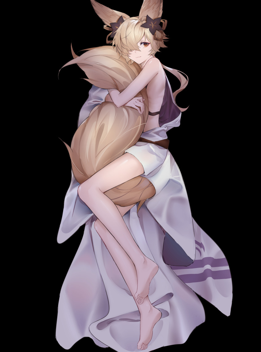 1boy, absurdres, animal_ears, axescr, bare_shoulders, barefoot, black_background, black_flower