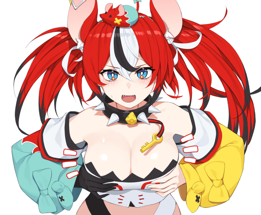 1girl, absurdres, alternate_breast_size, animal, animal_ears, animal_on_head, asymmetrical_sleeves, black_collar, black_gloves, black_hair, breasts, cleavage, collar, dice_hair_ornament, gloves, green_sleeves, hair_between_eyes, hair_ornament, hair_ribbon, hakos_baelz, highres, hololive, hololive_english, large_breasts, looking_at_viewer, mismatched_sleeves, mouse_(animal), mouse_ears, mouse_girl, mouse_on_head, mr._squeaks_(hakos_baelz), multicolored_hair, on_head, pepper0, red_hair, ribbon, simple_background, single_glove, solo, spiked_collar, spikes, virtual_youtuber, white_background, white_hair, white_ribbon, yellow_sleeves