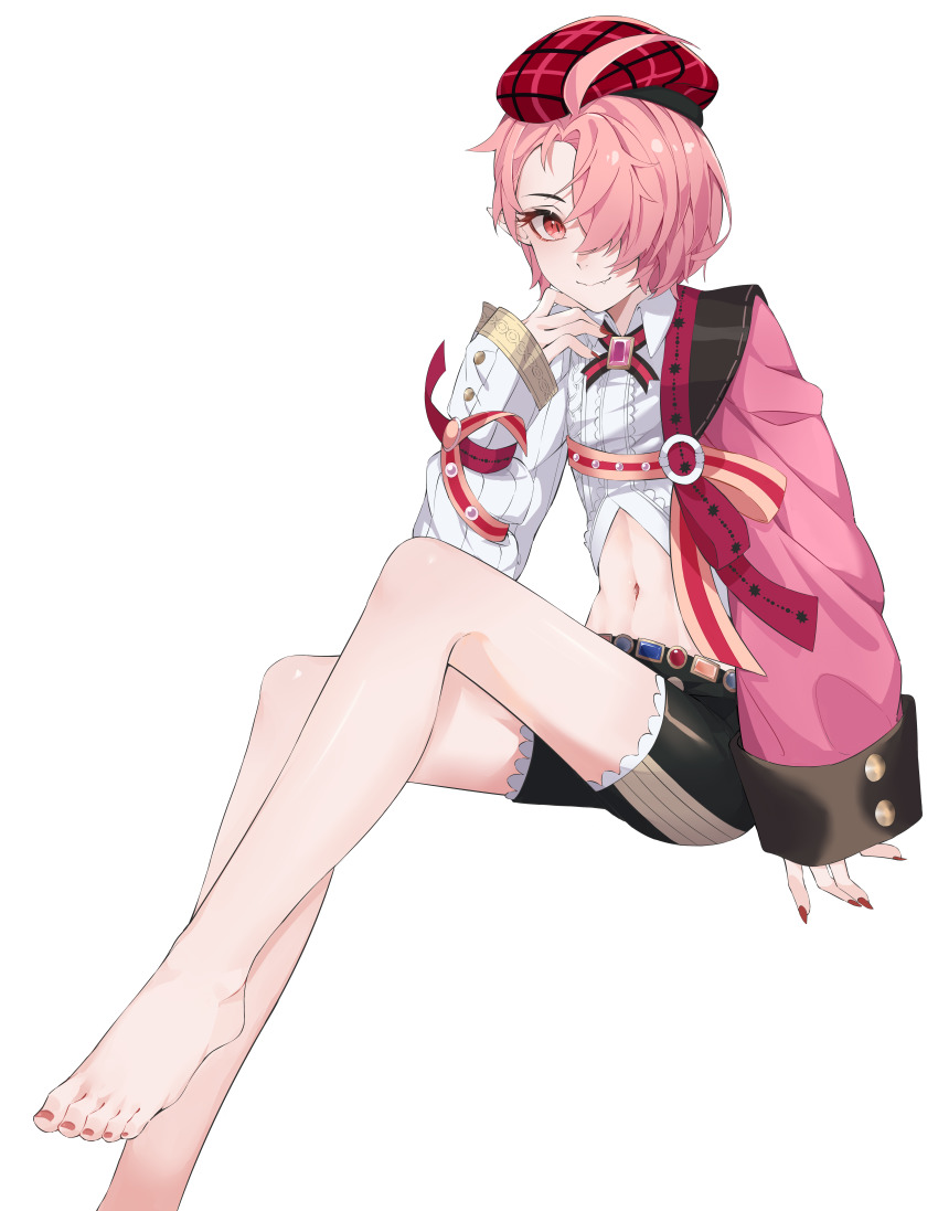 1boy, absurdres, ahoge, androgynous, aster_(nu_carnival), asymmetrical_bangs, axescr, barefoot, beret, black_shorts, blush, brooch, closed_mouth, collared_shirt, commentary, cropped_shirt, eyelashes, fang, fang_out, feet, fingernails, foot_out_of_frame, gem, hair_over_one_eye, hand_up, hat, highres, jacket, jewelry, long_fingernails, long_sleeves, looking_at_viewer, male_focus, midriff, nail_polish, navel, neck_ribbon, no_shoes, nu_carnival, one_eye_covered, parted_bangs, pink_hair, pink_jacket, plaid_clothes, plaid_headwear, pointy_ears, red_eyes, red_hat, red_nails, ribbon, shirt, short_hair, short_shorts, shorts, sleeves_past_wrists, slit_pupils, smile, solo, stomach, striped_ribbon, toenail_polish, toenails, transparent_background, trap, white_shirt, wide_sleeves, wing_collar