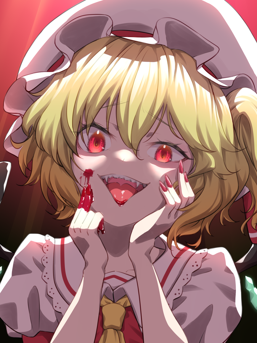 1girl, ascot, blonde_hair, blood, blood_on_face, blood_on_hands, collarbone, fangs, fingernails, flandre_scarlet, girouette00, gradient_background, hair_between_eyes, hat, hat_ribbon, looking_at_viewer, medium_hair, mob_cap, nail_polish, open_mouth, puffy_short_sleeves, puffy_sleeves, red_background, red_eyes, red_nails, red_ribbon, red_vest, ribbon, sharp_fingernails, sharp_teeth, shirt, short_sleeves, side_ponytail, simple_background, solo, teeth, touhou, upper_body, upper_teeth_only, vest, white_hat, white_shirt, yellow_ascot