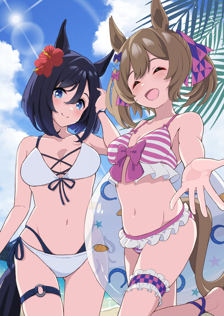 2girls, ^_^, animal_ears, bare_shoulders, bikini, black_hair, blue_eyes, blush, bow, breasts, brown_hair, cleavage, closed_eyes, closed_mouth, cloud, eishin_flash_(umamusume), flower, frilled_bikini, frills, groin, hair_bow, hair_flower, hair_ornament, hand_in_own_hair, hand_up, hibiscus, highres, horse_ears, horse_girl, horse_tail, innertube, medium_breasts, multi-strapped_bikini, multiple_girls, navel, open_mouth, outdoors, reaching, reaching_towards_viewer, shiromaru_illust, small_breasts, smart_falcon_(umamusume), smile, standing, standing_on_one_leg, striped_bikini, striped_clothes, sun, swim_ring, swimsuit, tail, thigh_strap, twintails, umamusume, white_bikini
