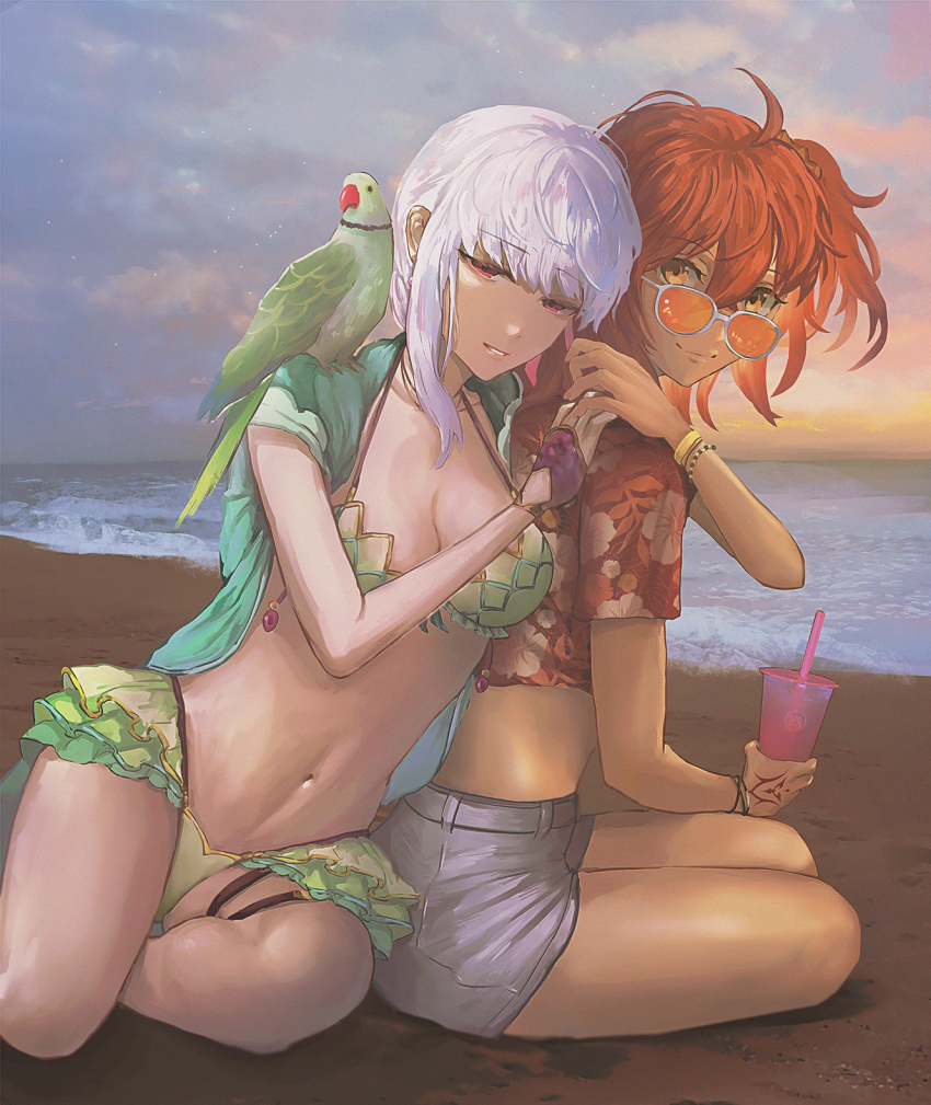 2girls, ahoge, alternate_costume, animal, animal_on_shoulder, bad_id, bad_pixiv_id, beach, bikini, bird, bird_on_shoulder, breasts, cleavage, cloud, cloudy_sky, command_spell, couple, cup, disposable_cup, drinking_straw, fate/grand_order, fate_(series), frilled_bikini, frills, fujimaru_ritsuka_(female), hawaiian_shirt, highres, holding, holding_cup, holding_hands, kama_(fate), kama_(second_ascension)_(fate), kama_(swimsuit_avenger)_(second_ascension)_(fate), kama_(teenager)_(fate), looking_at_viewer, medium_breasts, medium_hair, midriff, multiple_girls, navel, ocean, orange-tinted_eyewear, orange_hair, outdoors, parrot, red_eyes, shirt, shorts, sitting, sky, sunglasses, sunset, swimsuit, tinted_eyewear, white_hair, wristband, yellow_eyes, yokozuwari, yorunue_ro, yuri