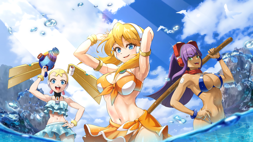 3girls, absurdres, alia_(mega_man), android, armpits, arms_behind_head, arms_up, bikini