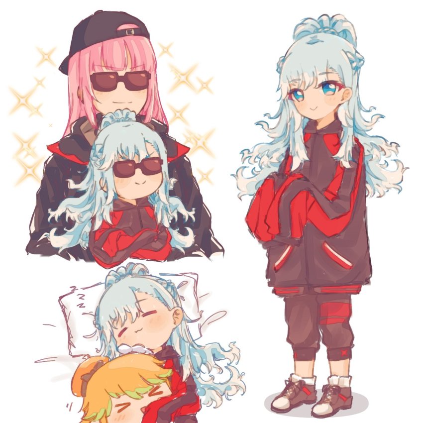 2girls, 3girls, baseball_cap, character_doll, chef_hat, doll, father_and_child, father_and_daughter