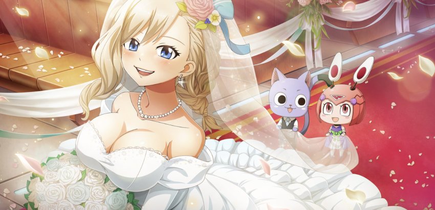 bare_shoulders, blonde_hair, blue_eyes, breasts, bridal_veil, cleavage, collarbone, dress