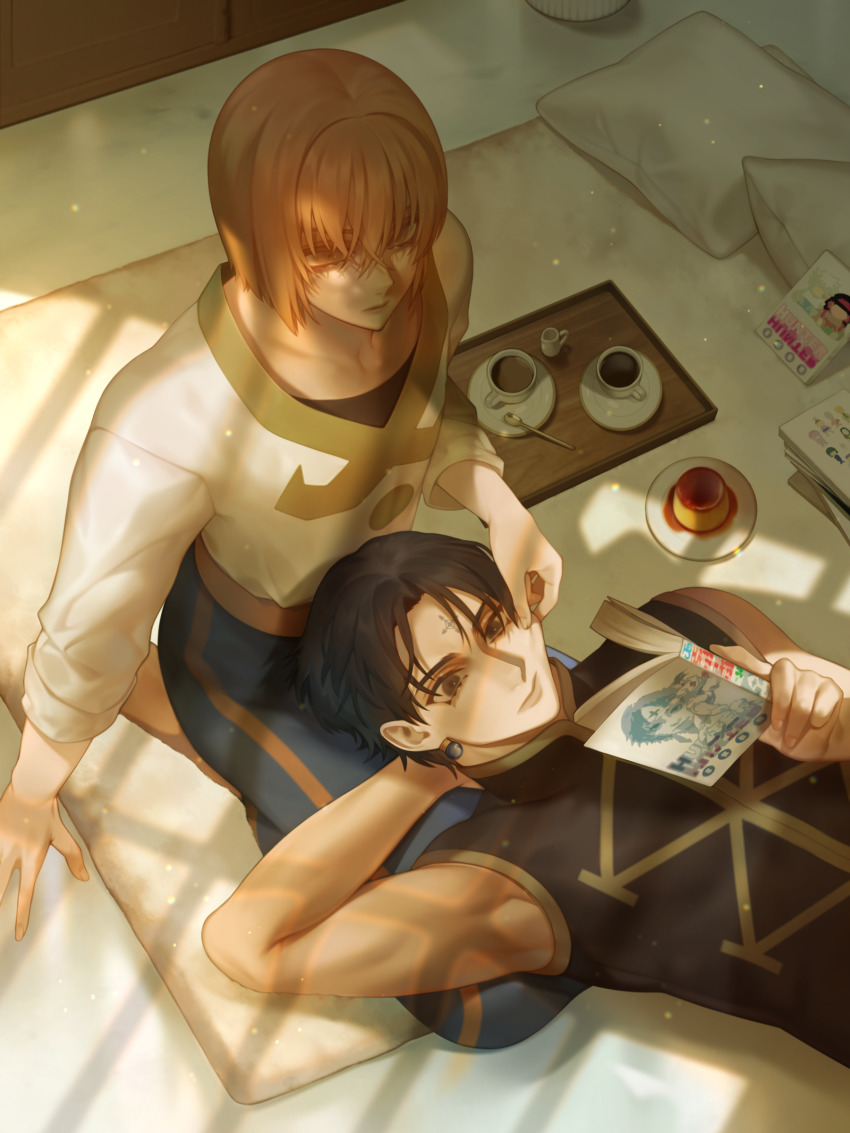 2boys, absurdres, androgynous, armpits, bei1997, black_eyes, black_hair, blonde_hair