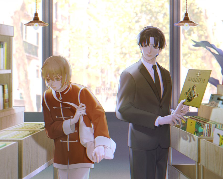 2boys, alternate_costume, alternate_hairstyle, androgynous, bag, bei1997, black_eyes, black_hair