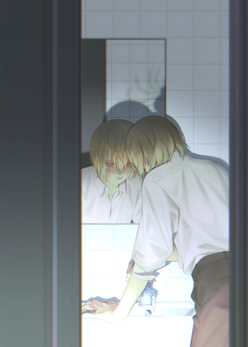 1boy, absurdres, androgynous, bathroom, bei1997, blonde_hair, bug, feet_out_of_frame