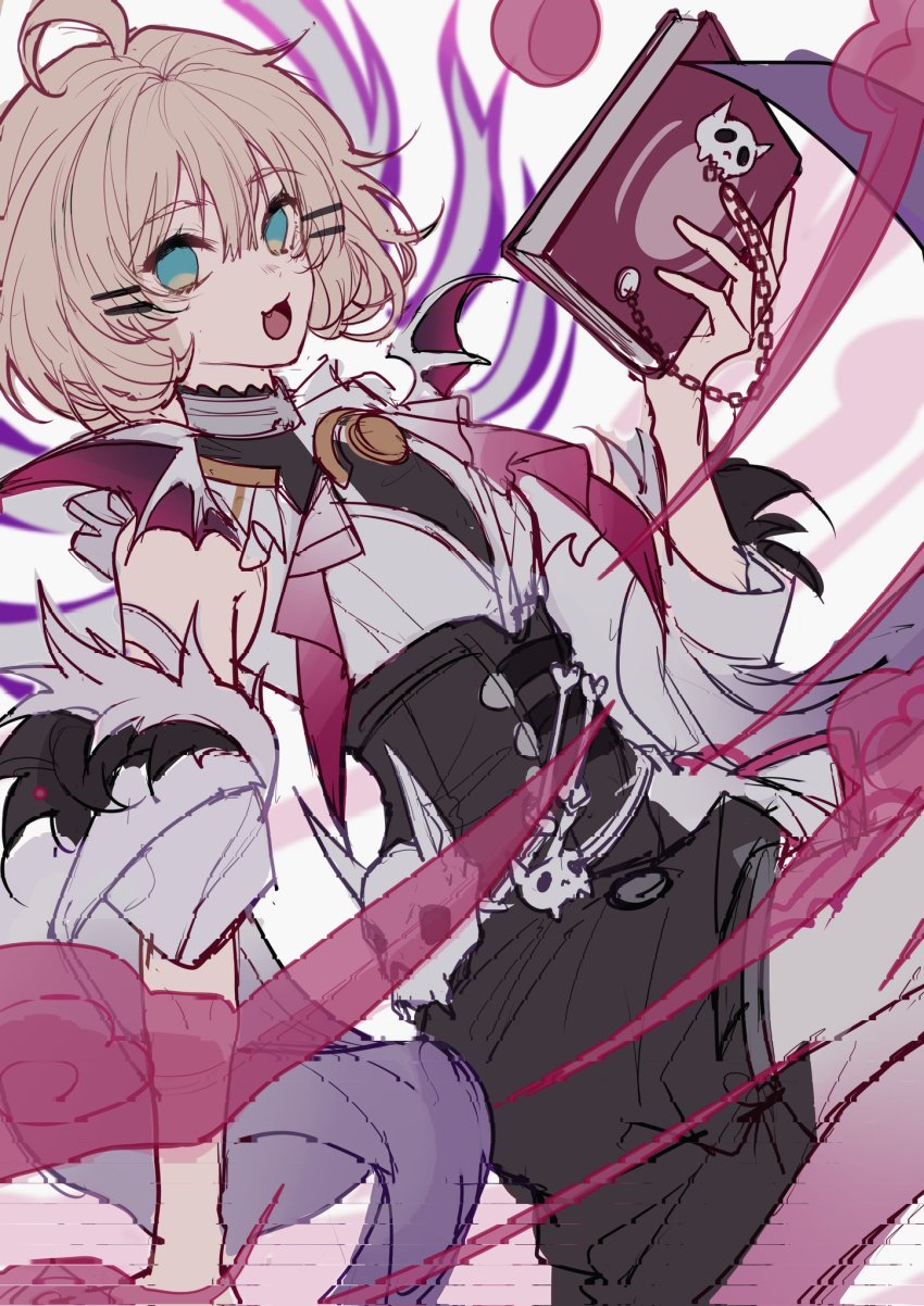 1girl, black_shorts, blonde_hair, blue_eyes, book, chinese_commentary, cosplay, detached_sleeves