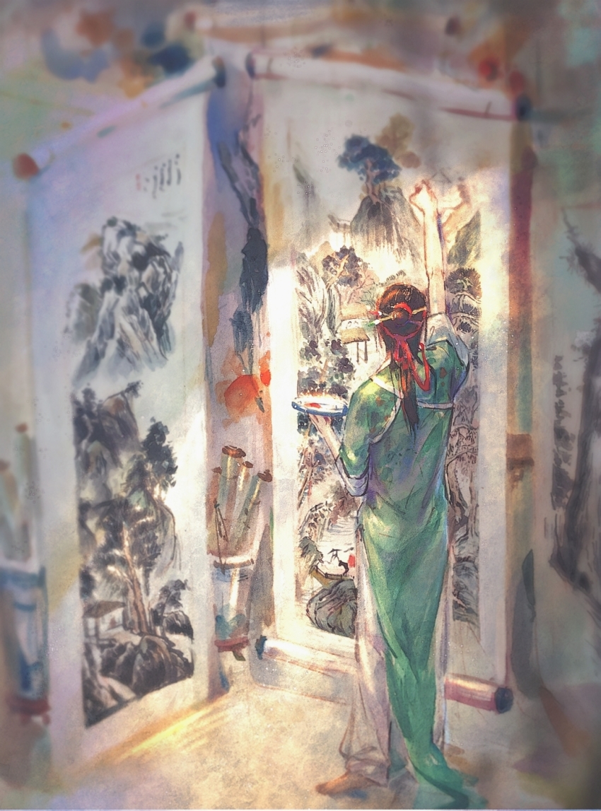 1boy, arm_up, barefoot, black_hair, blurry, chinese_clothes, depth_of_field, facing_away