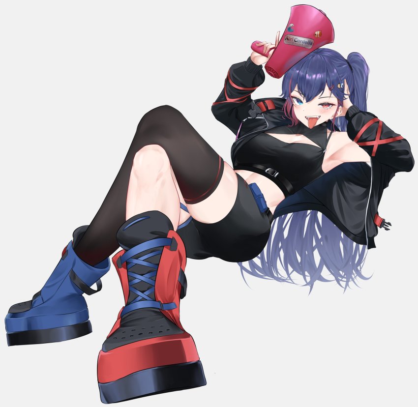 1girl, absurdres, airi_cordelia, armpits, arms_up, asymmetrical_footwear, bag, belt, belt_buckle, black_belt, black_jacket, black_scrunchie, black_shorts, black_thighhighs, blue_boots, blue_eyes, blue_hair, blush, boots, breasts, buckle, ch4nge_(cevio), character_name, cleavage, cleavage_cutout, clothing_cutout, collarbone, colored_tips, commentary, commission, crop_top, crossed_bangs, crossed_legs, english_commentary, eyebrows_hidden_by_hair, eyelashes, fangs, fish_hair_ornament, full_body, grey_background, hair_between_eyes, hair_ornament, hair_scrunchie, hairclip, half-closed_eyes, hand_on_own_head, heterochromia, high_collar, highres, holding, holding_megaphone, index_finger_raised, indie_virtual_youtuber, jacket, lace-up_boots, long_hair, long_sleeves, looking_at_viewer, lying, medium_breasts, megaphone, midriff, mismatched_footwear, multicolored_hair, official_art, on_back, one_side_up, open_clothes, open_jacket, open_mouth, red_boots, red_eyes, red_hair, robbilgigih, satchel, scrunchie, shorts, side_ponytail, simple_background, single_thighhigh, sleeves_past_wrists, snap-fit_buckle, solo, sticker, strap, streaked_hair, teeth, thighhighs, tongue, tongue_out, two-tone_hair, virtual_youtuber, wave_hair_ornament