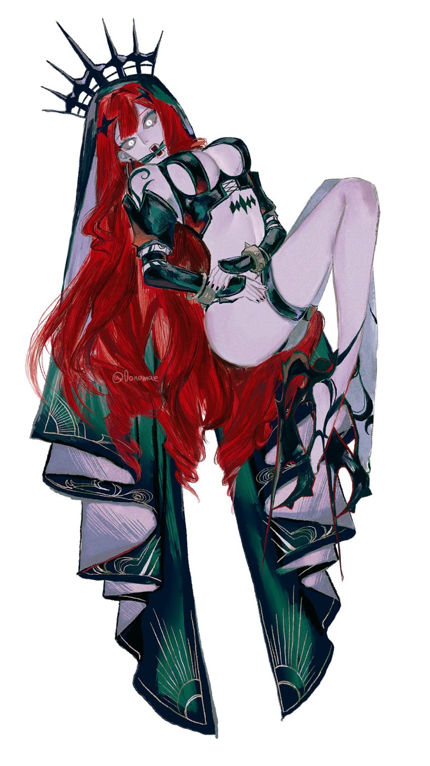 0onamae, 1girl, arm_tattoo, bare_shoulders, black_footwear, black_nails, bracelet, colored_sclera, colored_skin, detached_sleeves, earrings, eyelashes, baobhan_sith_(fate), fangs, fate/grand_order, fate_(series), fingernails, gagged, gold_bracelet, grey_background, grey_sclera, grey_skin, high_heels, highres, hoop_earrings, jewelry, long_hair, nail_polish, open_mouth, pointy_ears, red_hair, shoulder_tattoo, simple_background, single_earring, slit_pupils, solo, spiked_bracelet, spikes, stomach_tattoo, tattoo, thigh_strap, tiara, twitter_username, very_long_hair, white_eyes