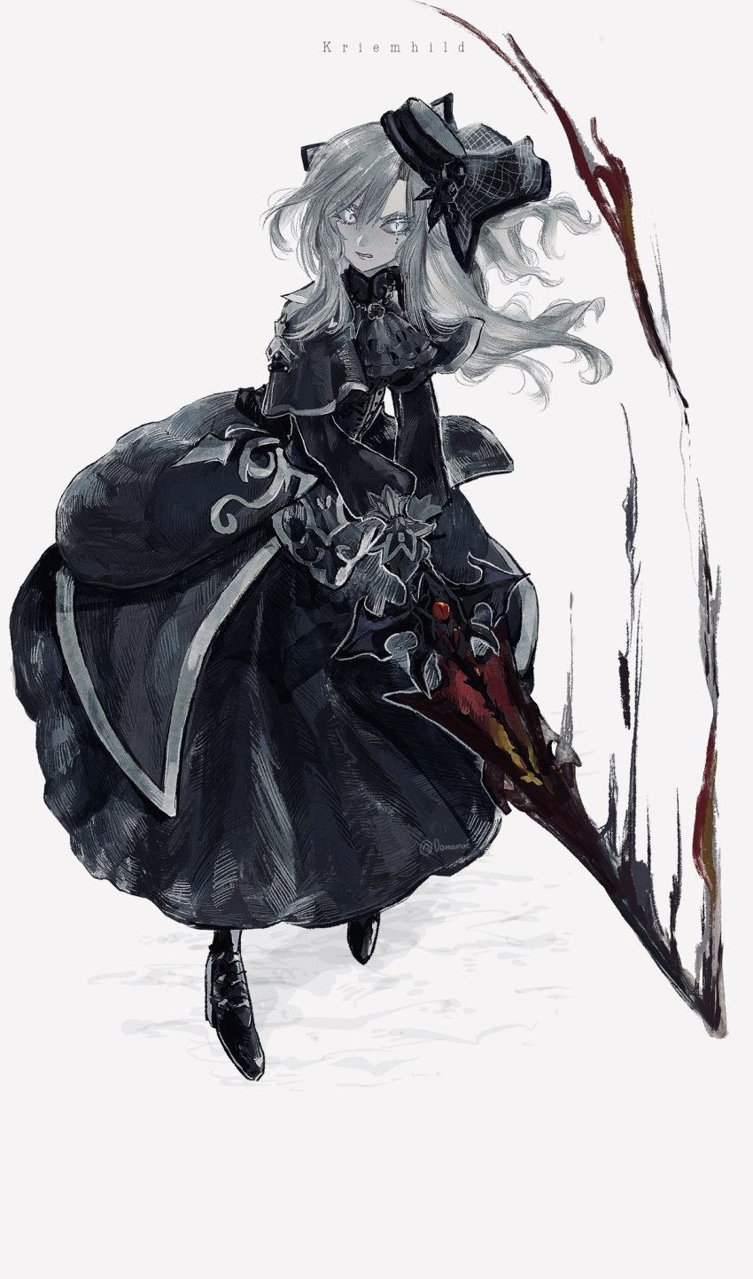 0onamae, 1girl, aura, black_capelet, black_dress, black_flower, black_footwear, black_gloves, black_hat, capelet, clenched_teeth, colored_sclera, dark_aura, dress, english_text, fate/grand_order, fate_(series), flower, gloves, grey_background, grey_hair, grey_sclera, hair_between_eyes, hat, hat_flower, highres, holding, holding_sword, holding_weapon, kriemhild_(fate), kriemhild_(first_ascension)_(fate), long_hair, painterly, parted_lips, simple_background, slit_pupils, solo, sword, teeth, weapon, white_eyes