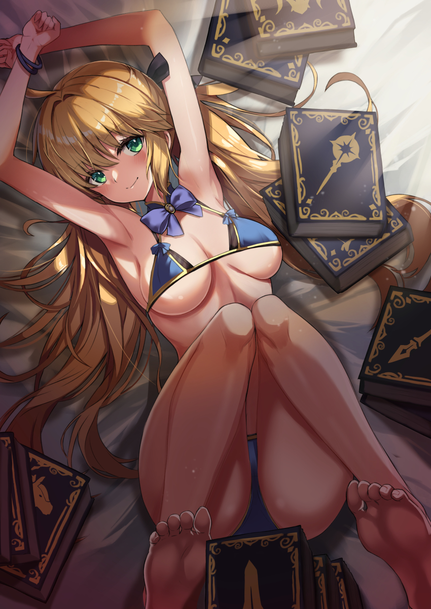 1girl, absurdres, ahoge, artoria_caster_(fate), artoria_pendragon_(fate), bare_shoulders, barefoot, bed, bed_sheet, berserker_class_(fate), bikini, black_bow, blonde_hair, blue_bikini, blue_panties, blush, book, bow, bracelet, breasts, caster_class_(fate), closed_mouth, fate/grand_order, fate_(series), feet, full_body, green_eyes, hair_between_eyes, hair_ornament, hands_up, highres, jewelry, lancer_class_(fate), leg_up, legs, legs_together, long_hair, looking_at_viewer, panties, purple_bow, ral_(ralf), saber_class_(fate), shadow, simple_background, small_breasts, smile, soles, solo, sunlight, swimsuit, toes, twintails, underwear