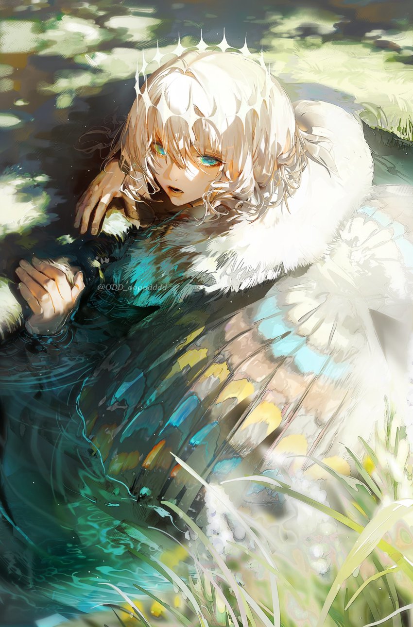 1boy, arthropod_boy, blue_eyes, bug, butterfly, butterfly_wings, commentary, crown, diamond_hairband, expressionless, fate/grand_order, fate_(series), grass, grey_hair, highres, insect, insect_wings, kneeling_on_liquid, light_particles, long_sleeves, looking_back, male_focus, medium_hair, oberon_(fate), odd_oooodddd, open_mouth, solo, twitter_username, water, white_fur, white_hair, wings