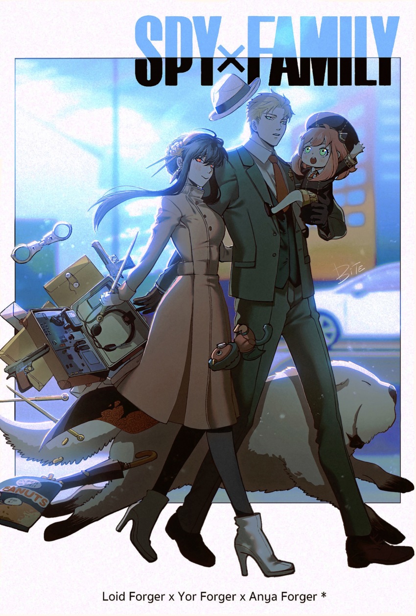 1boy, 2girls, :o, absurdres, ankle_boots, anya_(spy_x_family), arm_up, bite_yaogege