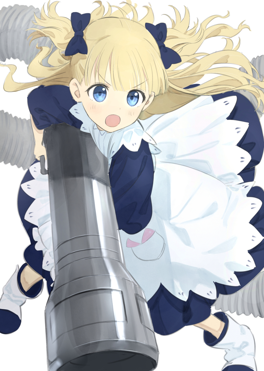 1girl, blonde_hair, blue_bow, blue_dress, blue_eyes, blue_footwear, blush, bow