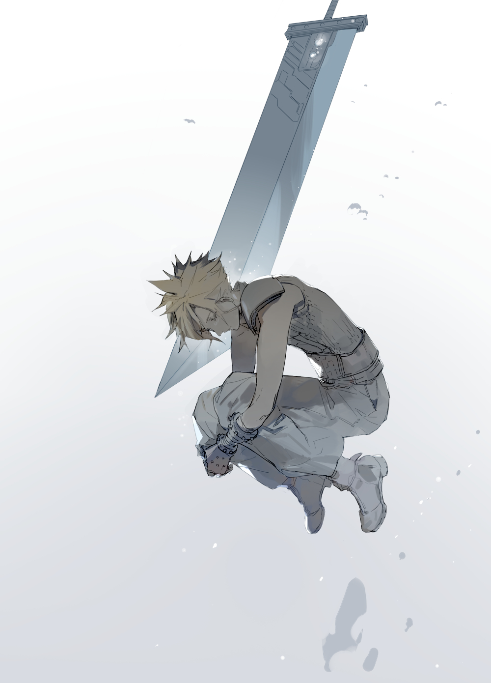 1boy, armor, baggy_pants, belt, blonde_hair, boots, buster_sword, closed_eyes