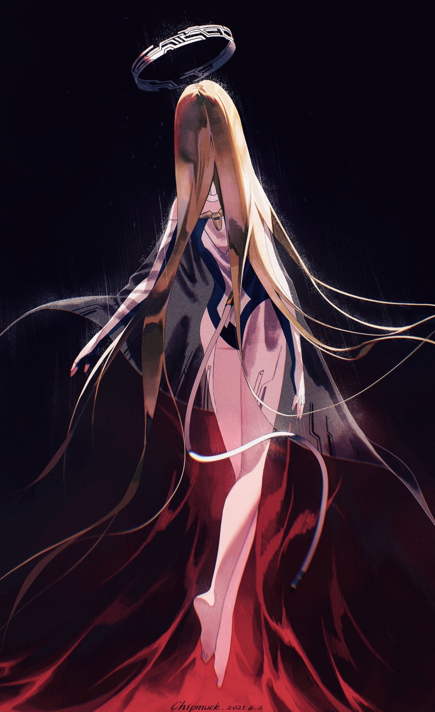 1girl, absurdly_long_hair, absurdres, artist_name, ass, barefoot, black_background, brown_hair, cable, chipmuck, dated, fingerless_gloves, floating_hair, forever_7th_capital, from_behind, full_body, gloves, halo, highres, joints, leotard, long_hair, mechabare, mechanical_tail, outstretched_arm, plantar_flexion, rain, robot_joints, sensiki, soles, solo, tail, transparent_wings, very_long_hair, wings