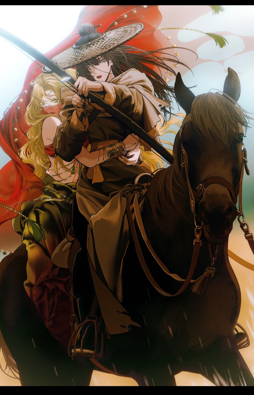 2girls, absurdres, aiming, aiming_at_viewer, animal, arabian_clothes, arrow_(projectile), bare_shoulders, bell, bite_yaogege, blonde_hair, boots, bow_(weapon), bracelet, bridle, brown_robe, chain, chinese_clothes, circlet, day, drawing_bow, floating_hair, fringe_trim, green_eyes, green_skirt, hair_between_eyes, hair_bun, hair_ornament, hair_over_shoulder, hair_stick, hair_through_headwear, half_updo, hat, highres, holding, holding_bow_(weapon), holding_weapon, hood, hood_down, horse, horseback_riding, hug, hug_from_behind, jewelry, jingle_bell, letterboxed, long_hair, long_sleeves, looking_at_viewer, looking_away, looking_down, looking_to_the_side, mask, midriff, mouth_mask, mouth_veil, multiple_girls, multiple_riders, nail_polish, original, outstretched_arms, parted_lips, rearing, red_headwear, red_lips, red_nails, reins, riding, robe, saddle, see-through_clothes, single_hair_bun, skirt, tassel, torn_clothes, veil, veil_lift, weapon, wind, wind_lift