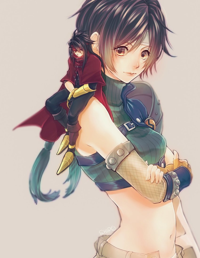 1boy, 1girl, arm_guards, armor, armored_boots, bare_shoulders, black_hair, black_pants