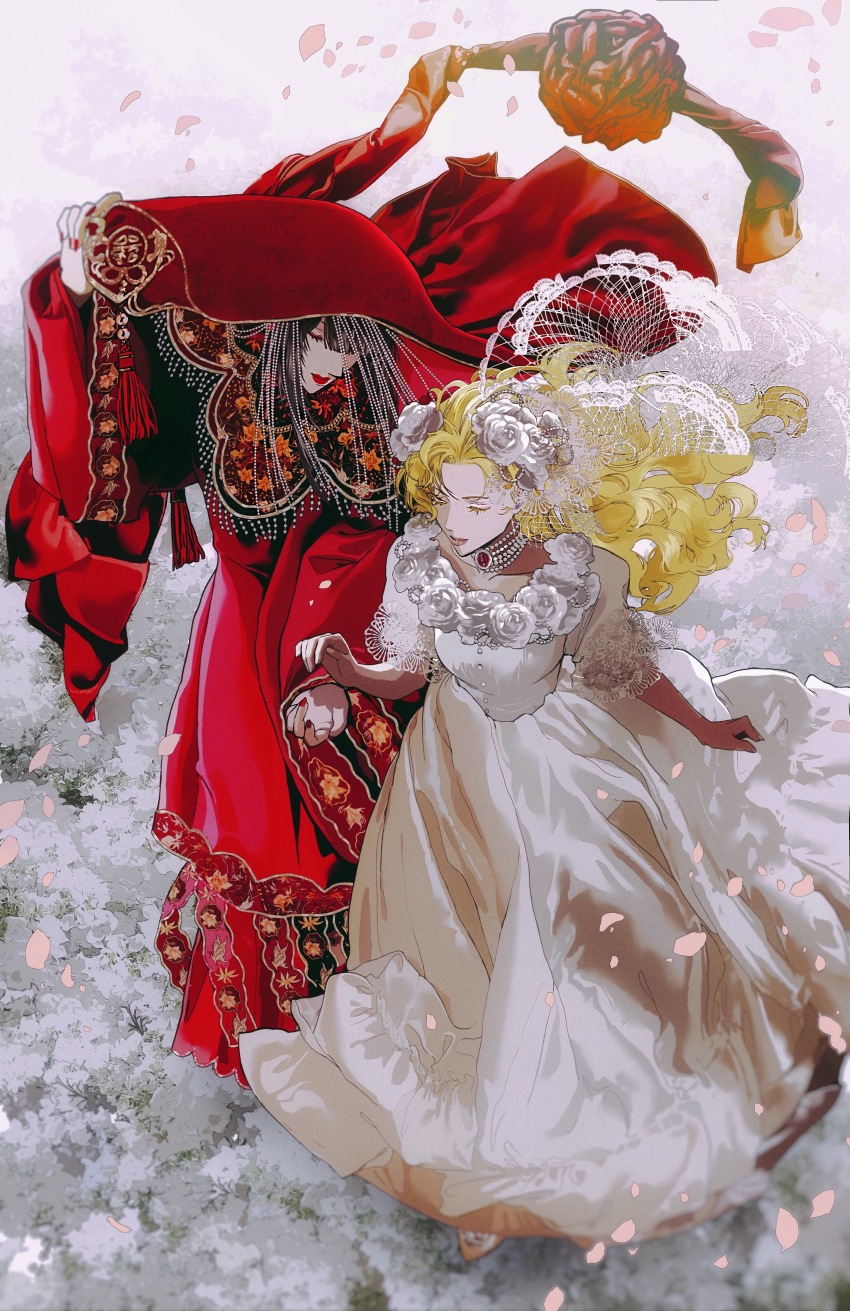2girls, absurdres, aoqun, beads, bite_yaogege, black_hair, blonde_hair, blurry, bride, brooch, capelet, chinese_clothes, closed_eyes, coin_(ornament), depth_of_field, dress, eyelashes, female_focus, field, floating_hair, flower, flower_field, fringe_trim, from_above, full_body, hair_beads, hair_flower, hair_ornament, hair_over_one_eye, hanfu, highres, holding_own_dress, imminent_hand_holding, jewelry, lace, lace_veil, lifting_own_clothes, long_hair, long_sleeves, multiple_girls, nail_polish, necklace, original, outstretched_arm, parted_bangs, pearl_necklace, petals, red_dress, red_headwear, red_lips, red_nails, rose, short_sleeves, standing, tassel, thighhighs, veil, veil_lift, walking, wavy_hair, wedding, wedding_dress, white_dress, white_flower, white_rose, wide_sleeves, wife_and_wife, wind, yunjian, yuri