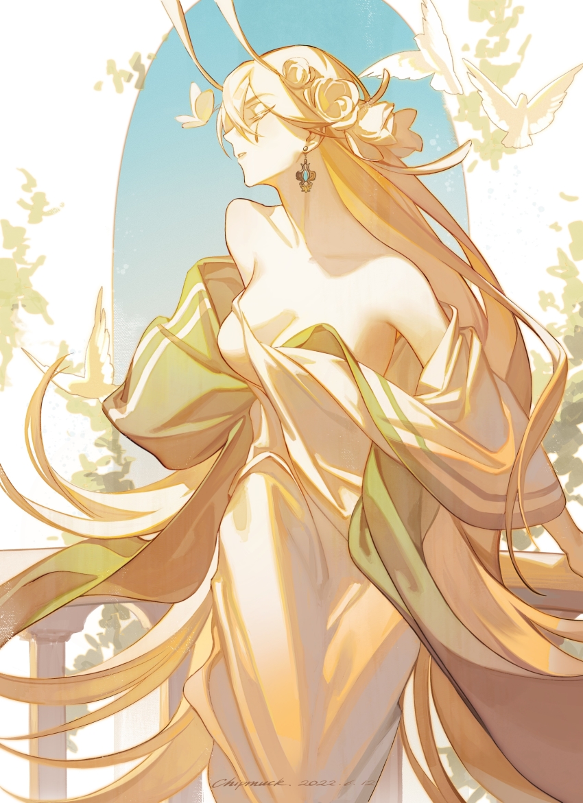 1girl, absurdres, animal, artist_name, bare_shoulders, bird, blonde_hair, breasts