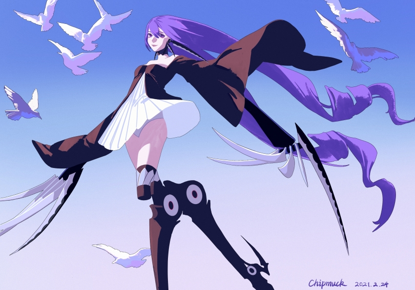 1girl, absurdres, animal, bare_shoulders, bird, blade, blue_background, breasts, chipmuck, choker, claw_(weapon), cyborg, dove, dress, drill_hair, feet_out_of_frame, floating_clothes, floating_hair, forever_7th_capital, hair_between_eyes, highres, layered_dress, lim_(forever_7th_capital), long_hair, looking_at_viewer, mechanical_legs, mechabare, off_shoulder, pleated_dress, prosthesis, prosthetic_arm, prosthetic_leg, purple_hair, short_dress, smile, solo, standing, thighhighs, twin_drills, upskirt, very_long_hair, walking, weapon, white_dress, wide_sleeves