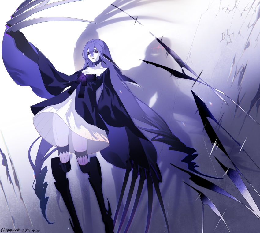 1girl, absurdres, arm_up, artist_name, braid, chipmuck, claw_(weapon), dated, different_shadow, dress, feet_out_of_frame, forever_7th_capital, grin, hair_between_eyes, highres, layered_dress, lim_(forever_7th_capital), long_hair, low-braided_long_hair, low-tied_long_hair, mechanical_legs, outstretched_arm, pale_skin, prosthesis, prosthetic_arm, prosthetic_leg, purple_hair, purple_theme, shadow, short_dress, smile, solo, standing, thighhighs, twin_braids, very_long_hair, weapon, wide_sleeves
