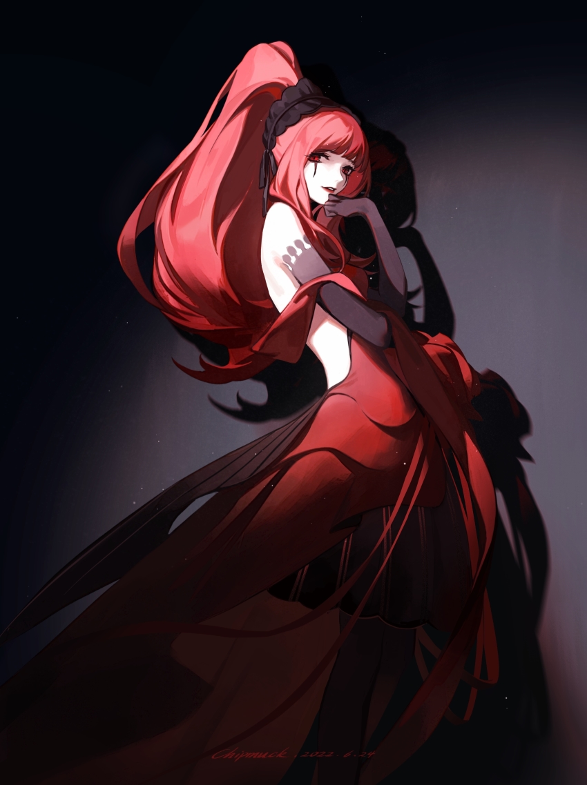 1girl, absurdres, artist_name, backless_dress, backless_outfit, bare_shoulders, black_gloves, black_pantyhose, blunt_bangs, bonnet, breasts, chipmuck, dated, dress, elbow_gloves, facial_mark, feet_out_of_frame, forever_7th_capital, gloves, grey_background, hand_up, high_ponytail, highres, layered_dress, leaning_back, light_particles, long_hair, looking_at_viewer, olucia_(forever_7th_capital), pantyhose, parted_lips, ponytail, red_dress, red_eyes, red_hair, red_lips, sharp_teeth, shawl, sidelocks, sleeveless, sleeveless_dress, smile, solo, standing, teeth