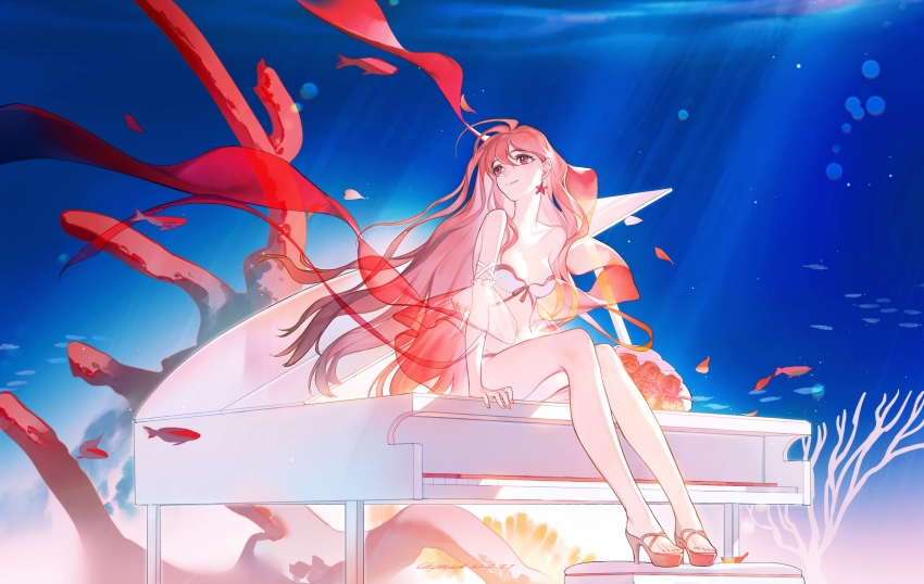 1girl, absurdres, air_bubble, animal, artist_name, bikini, bouquet, breasts