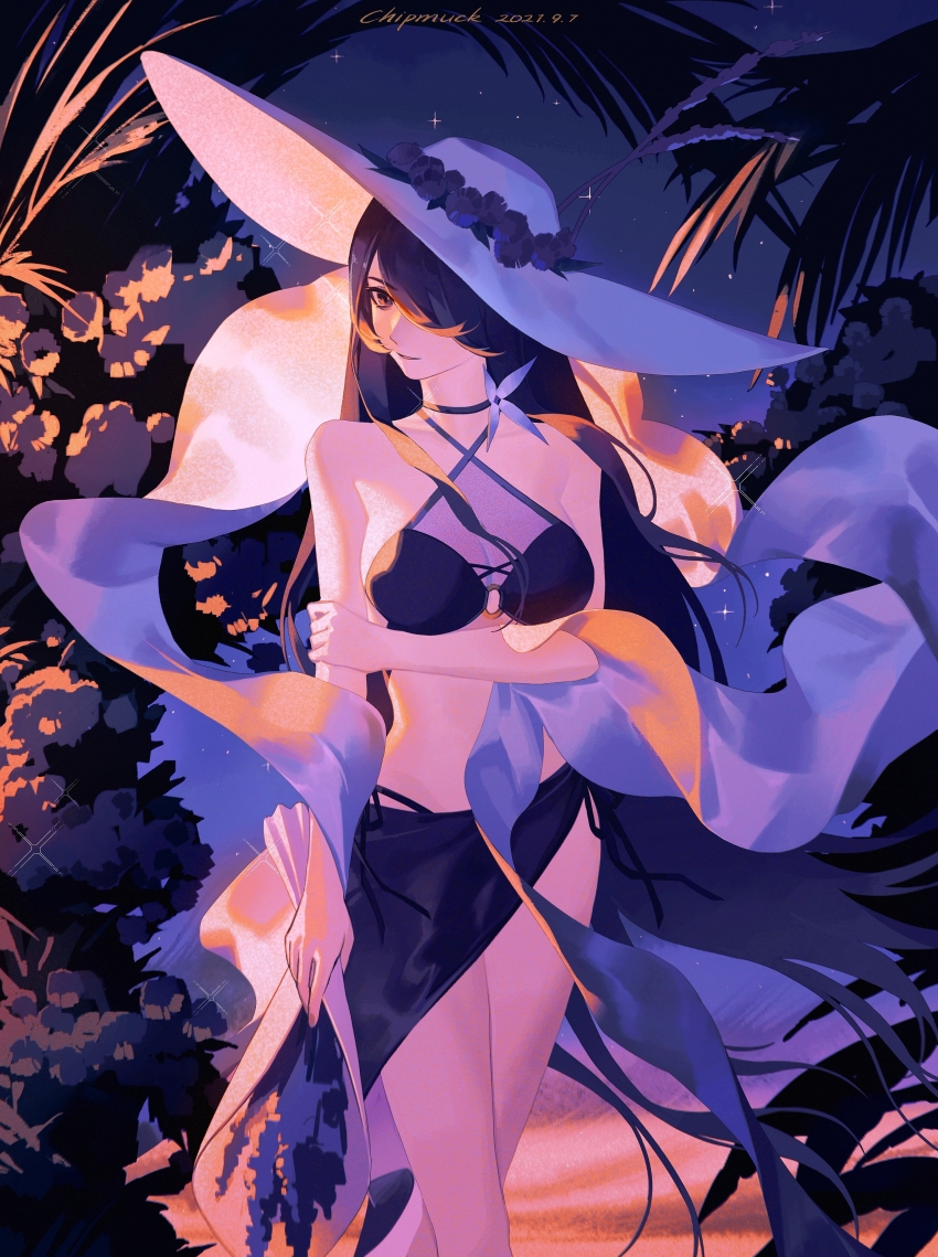 1girl, absurdres, arm_under_breasts, artist_name, bikini, bouquet, breasts, chipmuck