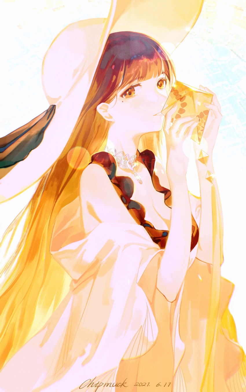 1girl, absurdres, antoneva, artist_name, bare_shoulders, black_ribbon, blonde_hair, blunt_bangs, blurry, bokeh, breasts, brown_eyes, brown_hair, chipmuck, cleavage, dated, day, depth_of_field, forever_7th_capital, from_side, hands_up, hat, hat_ribbon, highres, holding, jewelry, long_hair, long_sleeves, looking_at_viewer, mole, mole_under_eye, necklace, off_shoulder, parted_lips, ribbon, smile, solo, straight_hair, summer, sun_hat, upper_body, very_long_hair, white_background, wide_sleeves, yellow_theme