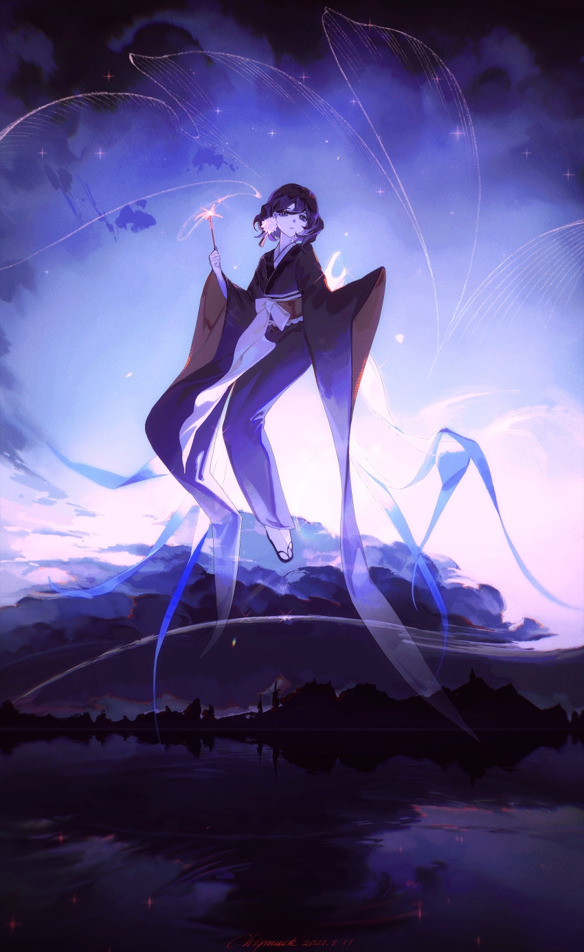 1girl, absurdres, artist_name, black_hair, black_kimono, blue_ribbon, chipmuck, cloud, cloudy_sky, dated, earrings, fireworks, floating, flower_earrings, forever_7th_capital, furisode, hands_up, highres, hinasame, holding, holding_fireworks, island, japanese_clothes, jewelry, kimono, lake, long_sleeves, looking_at_viewer, night, obi, outdoors, purple_theme, reflection, ribbon, sandals, sash, senkou_hanabi, short_hair, sky, sleeves_past_fingers, sleeves_past_wrists, socks, solo, sparkler, tabi, tassel, tassel_earrings, transparent_wings, w_arms, white_socks, wide_sleeves, wings, zouri