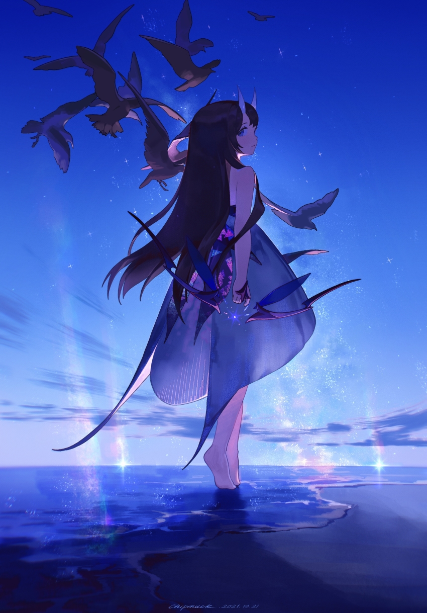 1girl, absurdres, animal, bare_shoulders, barefoot, beach, bird, blue_eyes, blue_sky, brown_hair, chipmuck, dress, energy_ball, floating_hair, flock, forever_7th_capital, from_behind, full_body, fuyuka_(forever_7th_capital), glowing, highres, horns, light_particles, long_hair, looking_at_viewer, looking_back, night, ocean, oni_horns, outdoors, print_ribbon, ribbon, sand, see-through_silhouette, shore, sky, soles, solo, sparkle, star_(sky), sundress, very_long_hair, wading, walking