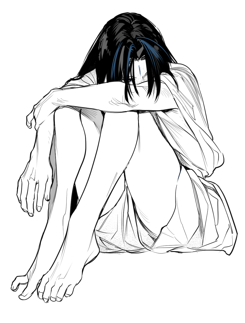 1boy, ancient_greek_clothes, bare_arms, bare_legs, barefoot, blue_hair, chiton, covered_mouth