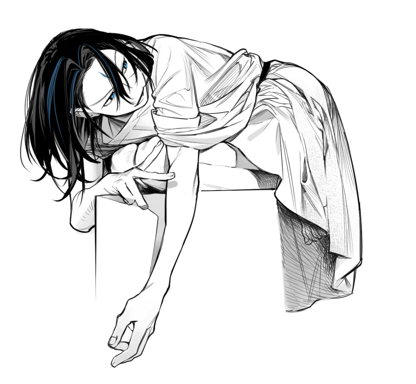 1boy, alternate_hair_length, alternate_hairstyle, ancient_greek_clothes, bare_arms, bare_legs, blue_eyes, blue_hair