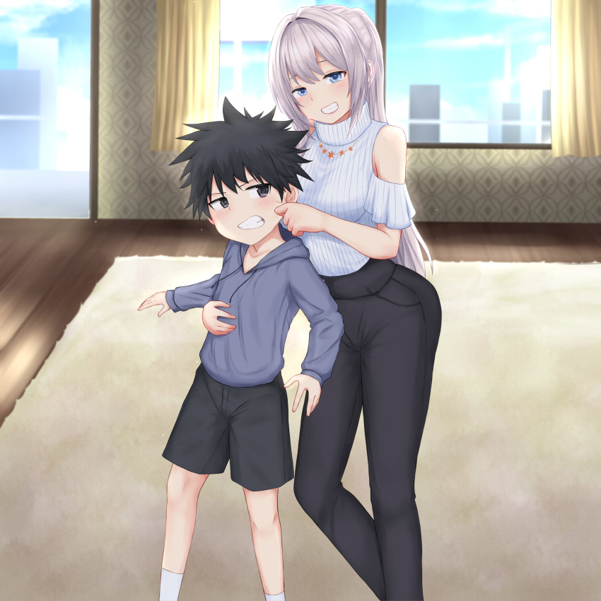 1boy, 1girl, absurdres, aged_down, annoyed, black_hair, black_pants, black_shorts