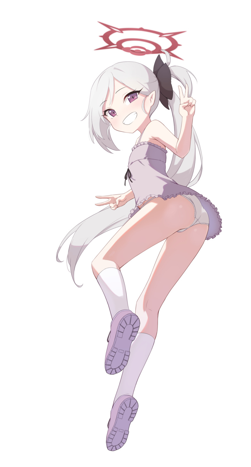 1girl, absurdres, ass, bare_shoulders, blue_archive, camisole, grey_hair, grey_panties, grin, hair_ornament, halo, highres, long_hair, looking_at_viewer, mutsuki_(blue_archive), panties, pink_shoes, pointy_ears, purple_eyes, ribbonsnek, shoe_soles, shoes, side_ponytail, simple_background, smile, socks, solo, transparent_background, underwear, v, very_long_hair, white_background, white_socks
