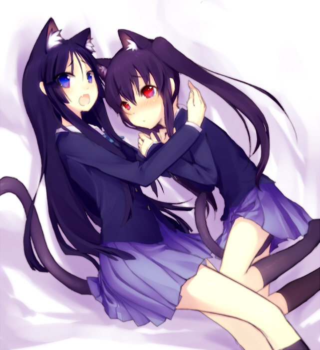 2girls, akiyama_mio, animal_ears, aobara, black_hair, blue_eyes, cat_ears, cat_tail